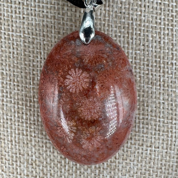 Orange and Pink/Lavender Coral Fossil Oval Pendant on Black Satin Rope - Picture 8 of 12